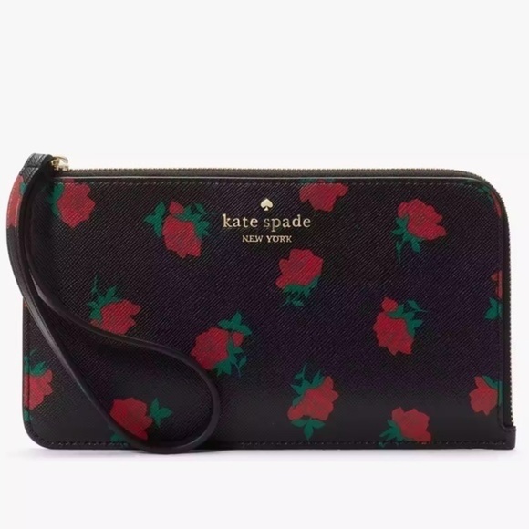 Kate Spade Rose Floral Print Lucy Medium L-Zip Black PVC Wristlet One Size NWT - Picture 1 of 16